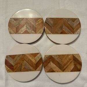 Faux Marble Wood Look Round Coasters Set of 4 Made in India 4" Rustic MCM Style